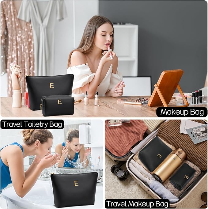 Valentine's Day Gifts for Women Girlfriend Initial Makeup Bag for Teen Girls Personalized Gifts for Friend Teacher Mom Wife Cosmetic Travel Toiletry Bag(Black,E)