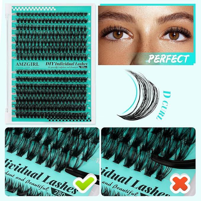 Lash Clusters Kit 280Pcs,60D 80D Eyelash Extension Kit,Lash Bond and Seal Waterproof,Lash Remover for Individual Cluster Lashes Kit,Lash Applicator Tool for DIY Lash Extension Kit(D-Mix9-16mm Kit)