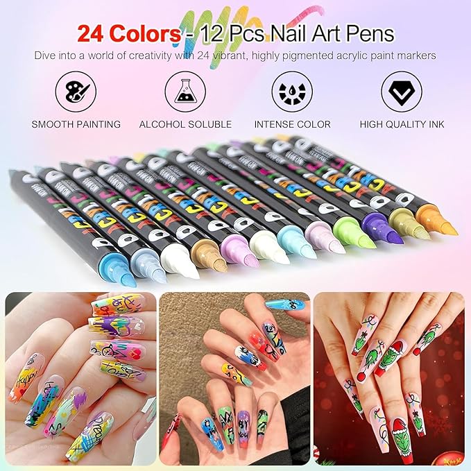 24 Colors Dual-Ended Nail Art Pens Set, 3D Acrylic Nail Polish Pens Quick-Dry Acrylic Markers & Nail Art Markers, Dotting Liner Brush for DIY Nail Design, Home & Salon Manicure Tools