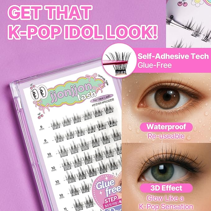 CLIONE PRIME Korean Self Adhesive Lash Clusters Voluminous Look No Glue Press On Pre Bond Lash Clusters Fluffy Self Adhesive False Eyelashes No Glue Needed Reusable Wispy Eyelash Extensions