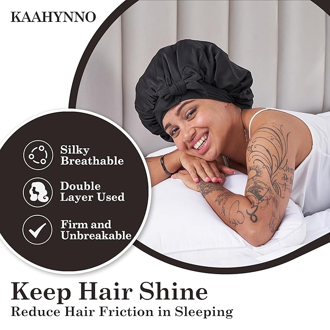 Tie Band Silk Satin Bonnet for Sleeping Hair: Women Sleep Night Wrap Cap for Straight Wavy Curly Coily Kinky Natural Hair Head - Black
