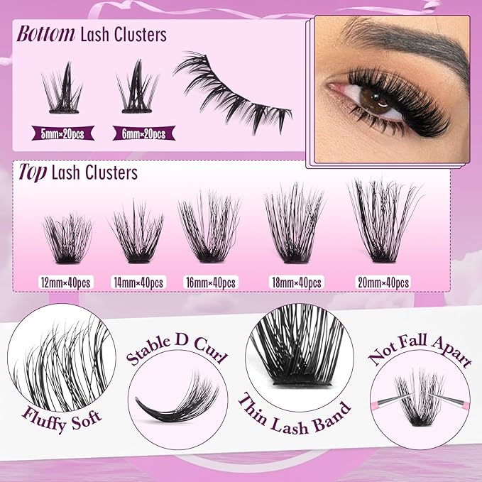 Yawamica Eyelash Extension Kit Wispy Lash Clusters Kit with Bottom Lashes 100D Fluffier Volume Individual Lashes 12-20mm Eyelash Clusters with 5-6mm Bottom Lashes with Bond and Seal and Lash Tweezers