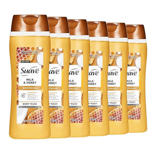 Suave Moisturizing Body Wash, with Milk & Honey and Vitamin E Extract, No Parabens, No Phtahaltes, 18 Oz Pack of 6