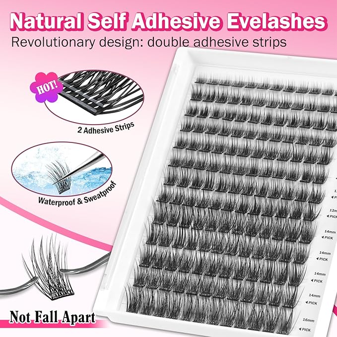 156 PCS Volume Self Adhesive Eyelashes Clusters, Invisible 2-Strip Tape - Longer Lasting, Pre Glued Eyelash Clusters, No Glue Needed Lashes C-Curly Eyelash Clusters with Tweezers