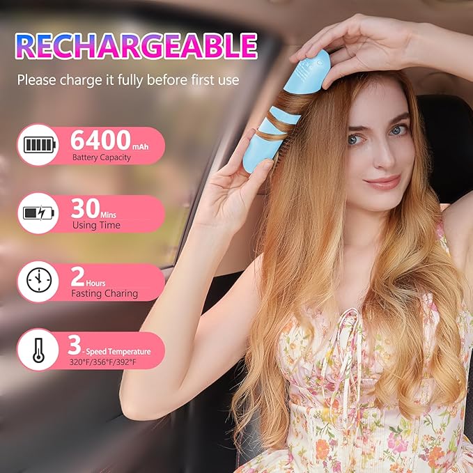 STUDLLY LCD Screen Cordless Hair Straightener Curler 2 in 1, Portable Mini Hair Straightening Brush for Travel Negative Ionic Fast Heating Hot Comb for Women, Folding Brush with Mirror, Blue