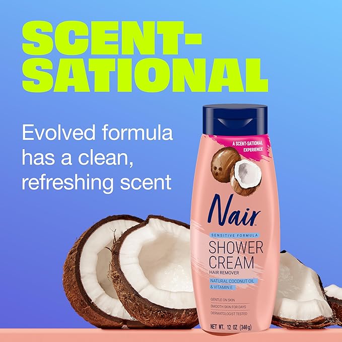 Nair Sensitive Shower Cream Hair Remover with Natural Coconut Oil and Vitamin E, Body Hair Removal Cream, 12 oz