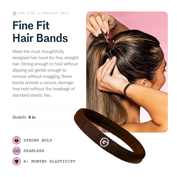 Gimme Beauty Fine Hair Elastic Bands - Slim-Fit Elastic Ties for Fine, Brittle, or Bleached Hair - No-Dent, Gentle-Grip Ponytail Holders for All-Day Comfort - 12 Pack, Dark Brown