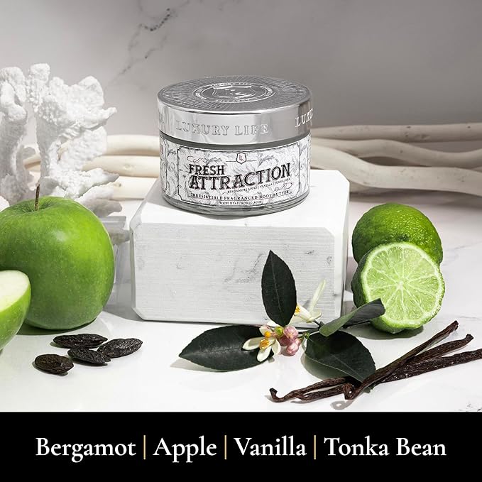 LUXURY LIFE BUTTER - Irresistibly Scented Body Butter with Hyaluronic Acid for Ultimate Moisture. Luxurious Natural Fragrance. Hydrates for a Non-Greasy Glamorous Glow, Fresh Attraction, 5 oz.