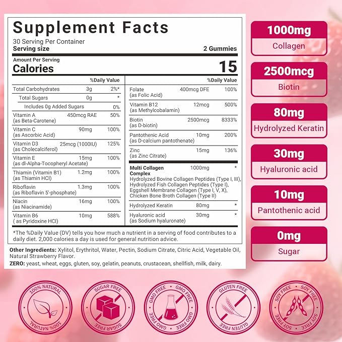 Wiszeen Collagen Gummies for Women, Sugar-Free Hydrolyzed Collagen Gummy with Type I, II, III, V, X Collagen Peptides, Biotin, Hyaluronic Acid & MultiVitamins, Promote Skin/Hair/Nail/Bones, 120 Cts
