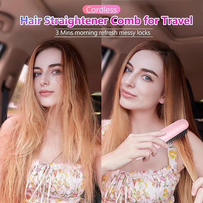 STUDLLY LCD Screen Cordless Hair Straightener Curler 2 in 1, Portable Mini Hair Straightening Brush for Travel Negative Ionic Fast Heating Hot Comb for Women, Folding Brush with Mirror, Pink