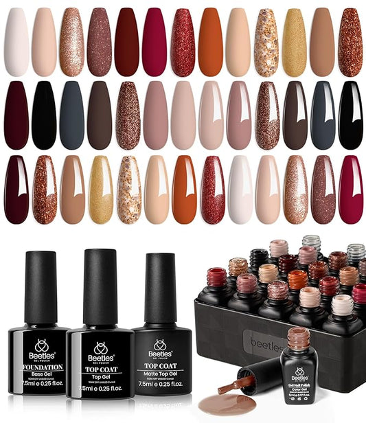 Beetles Gel Nail Polish Set, 23Pcs Brown Burgundy Red Nude Pink Gel Polish Set with Base Top Coat Verse of Roses Kit, Soak off Uv Gel Golden Glitter Holiday Nail for Women