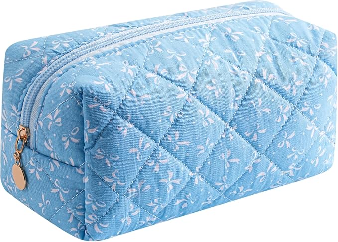 Cute Floral Makeup Bag Small Cotton Quilted Cosmetic Bag, Aesthetic Essential Bag Emergency Bag Gift for Women Girls Travel Accessories (Blue)
