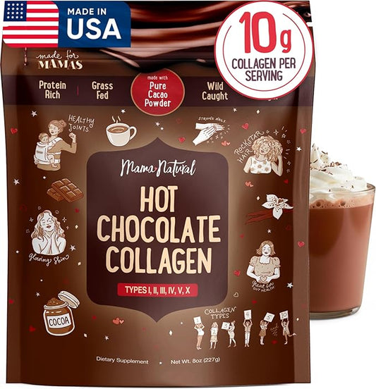 Mama Natural Hot Chocolate Multi Collagen Protein Powder, Made with Organic Cacao, Types 1, 2, 3, 4, 5, 10 Collagen Peptides Powder - Grass Fed Beef, Wild Fish Marine & USA Eggshell - 20 Servings