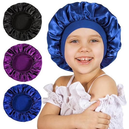 3 Pcs Bonnet for Kids, Kids Bonnets for Girls, Satin Silk Hair Bonnet for Sleeping, Soft Wide Band Sleep Cap for Curly Hair Braids for Teens Child Toddler