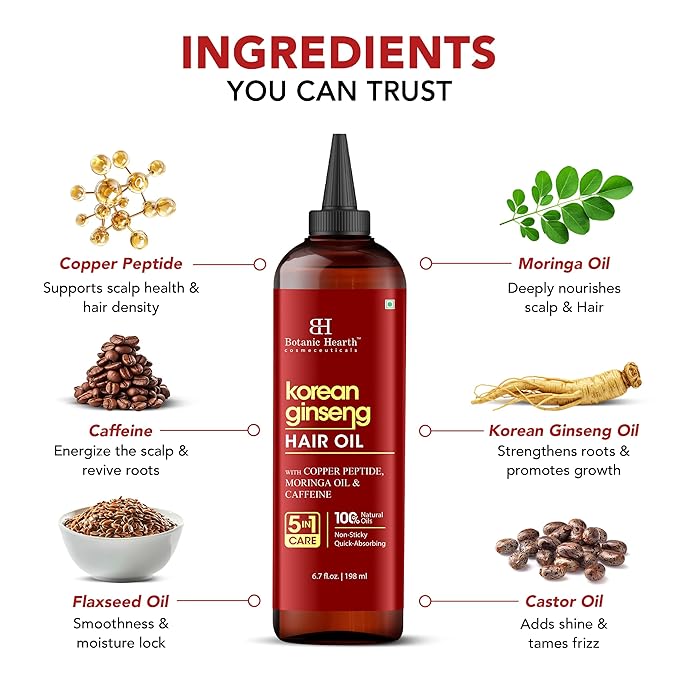 Botanic Hearth Hair Oil for Hair Growth & Hair Relaxer | Strengthening Dry, Frizzy, Damaged Hair & Scalp Treatment | Korean Ginseng Hair Oil – 6.7 Fl Oz