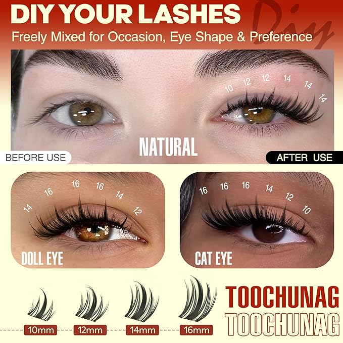 Manga Lash Clusters Natural Eyelash Clusters Wispy Spiky Cluster Eyelash Extensions Fairy Lash Extensions Anime D-Curly Individual Lashes 10-16mm Thin Band Lashes Clusters by TOOCHUNAG