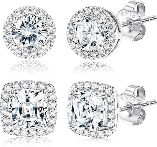 Hayoso 18K Gold Plated Halo Stud Earrings 925 Sterling Silver Cubic Zirconia Stud Earrings Round Square Diamonique Stud Earrings Set for Women Men