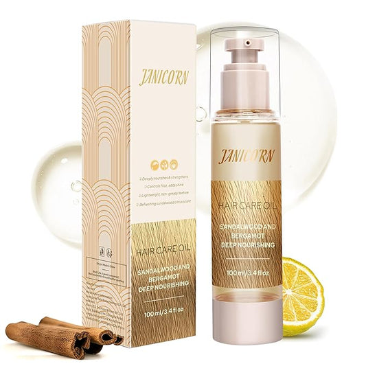 JANICORN Leave-In Hair Oil – Lightweight Hydration with Jojoba & Argan Oils, Sandalwood & Bergamot Aroma, Smooth Shine & Frizz Control for Fine to Frizz-Prone Hair, 3.4 fl oz / 100 ml