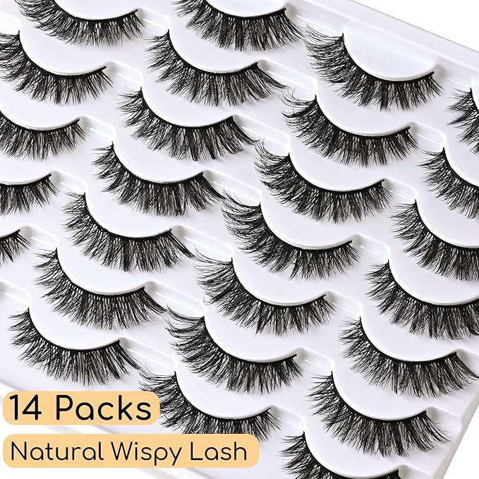 APCYUST Lashes False Eyelashes Cat Eye Lashes Mink Lashes Wispy 14 Pairs Fake Eyelash Natural Lash Strips Fluffy Eye Lashes Pack Short Strip Lashes Natural Look Wispies Cateye Lashes for Women