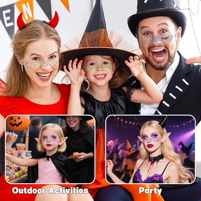 8 Pcs Halloween Glitter Tattoos, Halloween Glitter Freckles Face Tattoos Stickers, Waterproof halloween Rave Accessories Face Temporary Tattoos Makeup Kit for Women and Kids