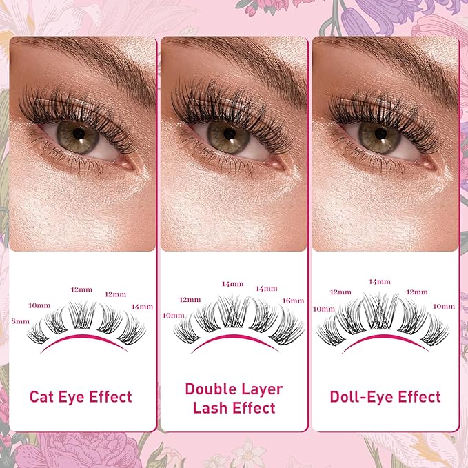 PROLASHBEAUTY Natural Lash Clusters Wispy Lashes Invisible Band Eyelash Clusters CC Curl Individual Lashes Natural Look Lashes Clusters with Super Thin Band Reusable Soft & Comfortable (Nira,8-16mix)