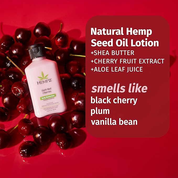 Hempz Cherry Body Lotion, Ultra Hydrating Daily Moisturizer, Self Care for Dry Skin and Hands, Dark Red Cherries, 17 oz.