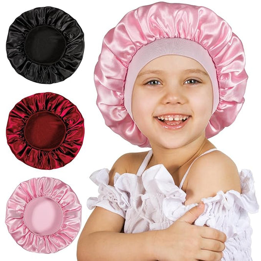 3 Pcs Bonnet for Kids, Kids Bonnets for Girls, Satin Silk Hair Bonnet for Sleeping, Soft Wide Band Sleep Cap for Curly Hair Braids for Teens Child Toddler