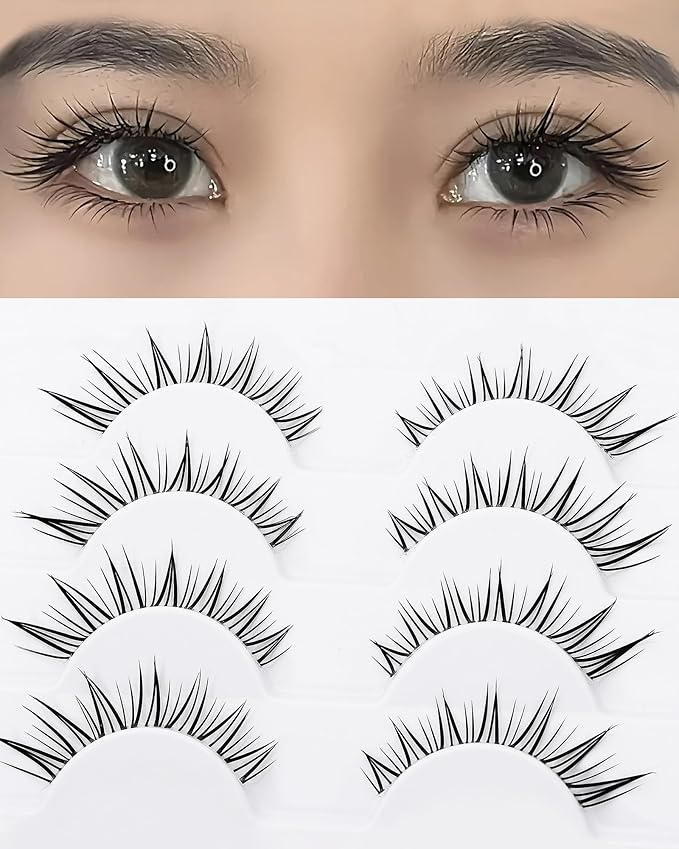 outopen 10 Pairs Fox Eye Manga Lashes Natural Look Asian Lashes Doll Style Spiky Clear Band Anime Lashes Wispy Cat Eye False Lashes Extension