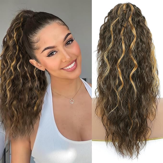Ponytail Extension, Claw Clip on Pony tails Hair Extension for Women 18 Inch Long Wavy Curly Fake Ponytail Clip in Hair Pieces for Women Fluffy Natural Looking (Chocolate Brown with Blonde Highlights)