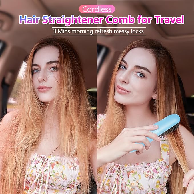 STUDLLY LCD Screen Cordless Hair Straightener Curler 2 in 1, Portable Mini Hair Straightening Brush for Travel Negative Ionic Fast Heating Hot Comb for Women, Folding Brush with Mirror, Blue