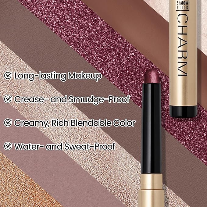 Erinde Waterproof Shimmer Eyeshadow Stick, Plum Brown Mauve Cream Eye Shadow Stick, Long-Lasting Crease-Proof Cream to Powder Buildable & Blendable Eye Shadow Pencils Crayon, Vegan & Cruelty-Free, B06