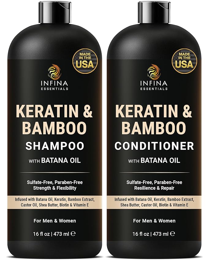 INFINA ESSENTIALS Keratin Shampoo and Conditioner Set | 16 fl oz Each | with Batana Oil & Bamboo Extract | Controls Frizz, Strengthens, Nourishes, & Adds Shine for Smoother Hair