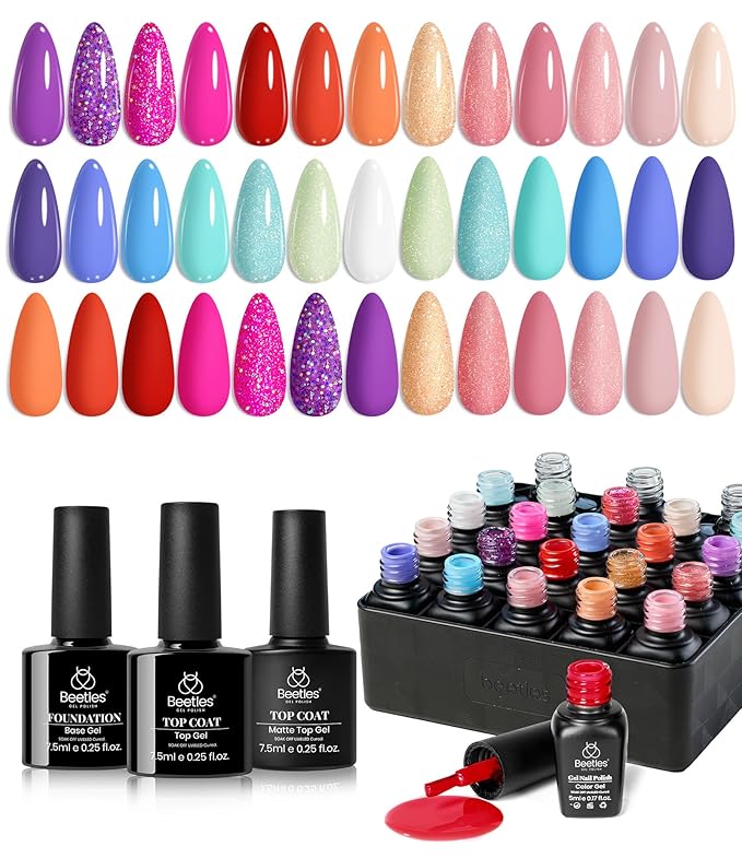 Beetles Gel Nail Polish Set, 20 Colors Blue Nude Pink Purple Orange Glitter Gel Polish Glamour Games Collection with Base Top Coat Nail Art Soak off Nail Manicure Gift for Girls Women
