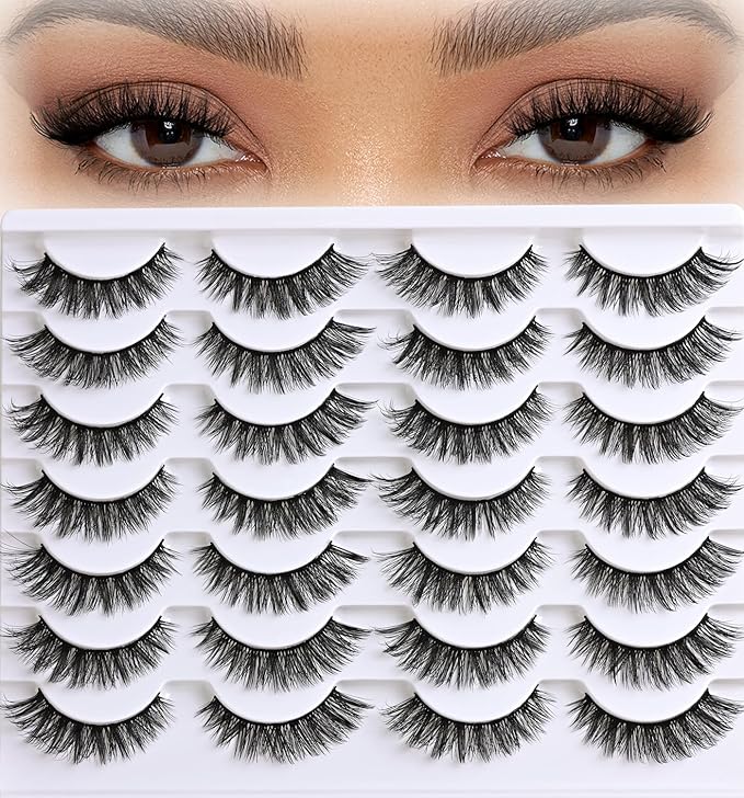 APCYUST Lashes False Eyelashes Cat Eye Lashes Mink Lashes Wispy 14 Pairs Fake Eyelash Natural Lash Strips Fluffy Eye Lashes Pack Short Strip Lashes Natural Look Wispies Cateye Lashes for Women