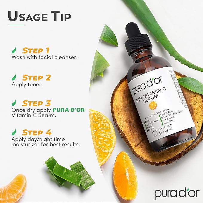 PURA D'OR 20% Vitamin C Facial Serum 4 Oz - Antioxidant Blend with Retinol, Hyaluronic Acid, Vitamin E & Ferulic Acid - Hydrating Lightweight Skincare Formula - Men and Women Daily Use Skin Care Plus