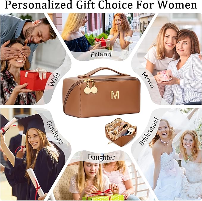 Gifts for Women Bridesmaid Gifts Personalized Initial Makeup Bag PU Leather Cosmetic Waterproof Travel Toiletry Bag (Large)