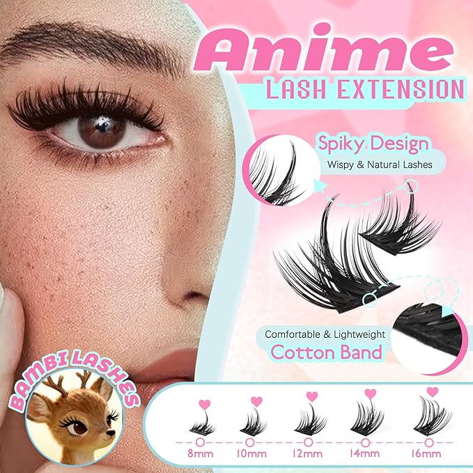 Lash Clusters Thick Manga Lash Clusters Thin Band Spiky Doll Eyelash Clusters with Crisscross Doe Eyed Spike 132 Pcs Individual Lashes for DIY Cosplay Japan Korean Eyelash Extensions (Lily)