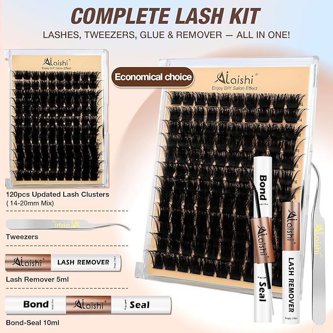 AILAISHI Lash Clusters Kit, DIY Cluster Eyelash Extensions 14‑20mm, 200D, 120pcs Fluffy D Curl Natural Lashes with Bond & Seal,Remover,Tweezers – Fake Cat Eye Individual Clusters