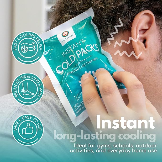 Medi Grade Instant Cold Packs, 100 Packs of 3.5oz (4.5”x6”) Disposable Cold Packs for Cooling Relief, No Freezer Needed - Cold Pack for Injuries, Knee and Ankle Cool Pack Wrap with Stabilisation Band