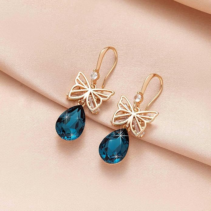 Austrian Crystal Teardrop Butterfly Drop Dangle Earrings for Women 14K Rose Gold Plated Hypoallergenic Jewelry