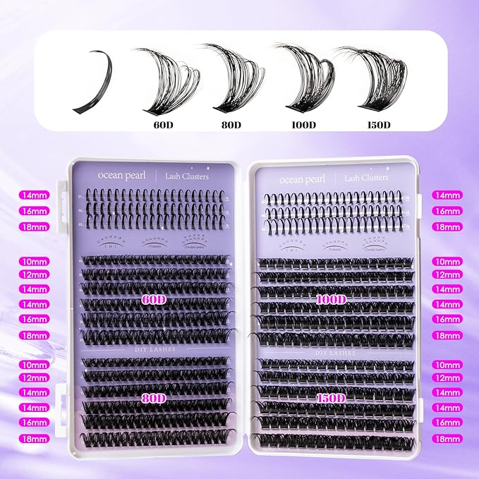 Ocean Pearl Lash Clusters Kit 564 pcs, Eyelashes, spike-effect cluster lashes 60D/80D/100D/150D (10-18 mm) DIY lash extension kit, manga-/anime-inspired Cluster Eyelash Extensions with lash bond+seal