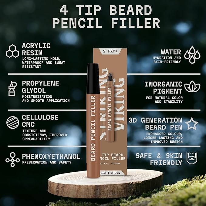 Striking Viking Beard Pencil Filler Pen Kit - 2 Pack, Light Brown - Precision Tip for Stubble Color - Gap-Filling Coverage with Beard Filler Pen Light Brown