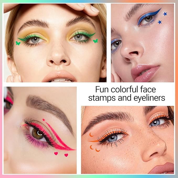 Erinde 4PCS Liquid Eyeliner Stamp Set, Double-Ended Colored Winged Eyeliner Pens with Face Stamps, Blue Star, Pink Heart, Orange Moon, Green Butterfly Waterproof Winged Eye Liner, Cosplay Eye Makeup