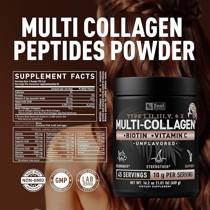 Premium Multi Collagen Peptides Powder (1, 2, 3, 5 & 10) with Protein. Vitamin C, Biotin, Hyaluronic Acid, for Hair Skin and Nails - Marine, Bovine, Chicken & Eggshell (Unflavored, 45 Servings)