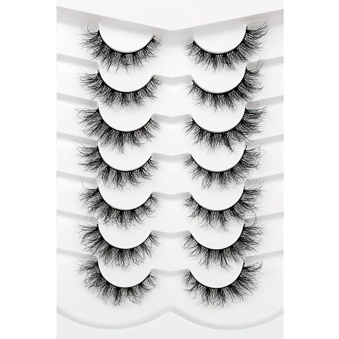 Pooplunch False Eyelashes Cat Eye Look Lightweight Natural Wispy 8D Volume Faux Mink Lashes Short Curly Fake Eyelash Strips 7 Pairs Pack