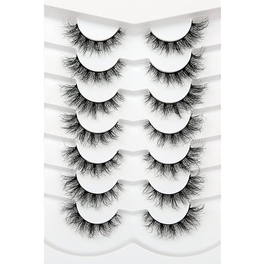 Pooplunch False Eyelashes Cat Eye Look Lightweight Natural Wispy 8D Volume Faux Mink Lashes Short Curly Fake Eyelash Strips 7 Pairs Pack