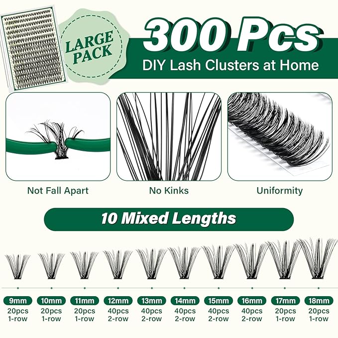 KEYYOU Lash Extension Kit DIY 300Pcs Lash Clusters Eyelash Extension Kit 40D C Curl 9-18MIX Lash Clusters Kit with Lash Glue Remover Applicator Easy to Use for Beginners(Kit,40D-C,9-18MIX)
