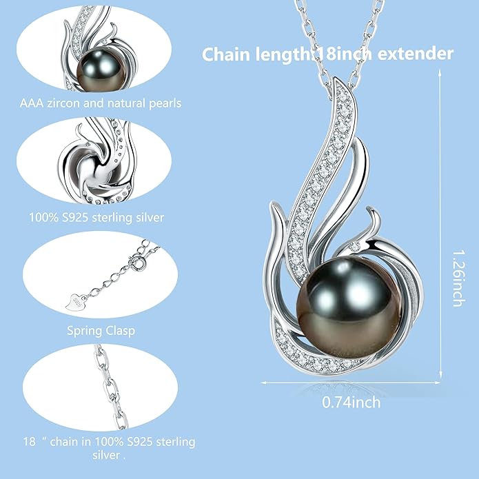 Tahitian Black Pearl Necklaces for Women 10-11mm - Pearl Necklace Phoenix Pendant | with 925 Sterling Silver 18" Chain - Christmas Mothers Day Valentine's Day Gifts For Women Wife Mom Grandma Girlfriend Daughter Her Best Friend Birthday Anniversary Fin...