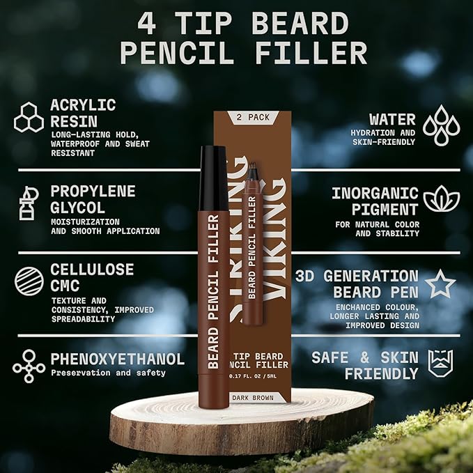 Striking Viking Beard Pencil Filler Pen - Pack of 2, Dark Brown, Travel Size - Beard Filler for Men - Micro-Fork Tip Mustache Pen - Sharp Hairline Edges with Hairline Pencil