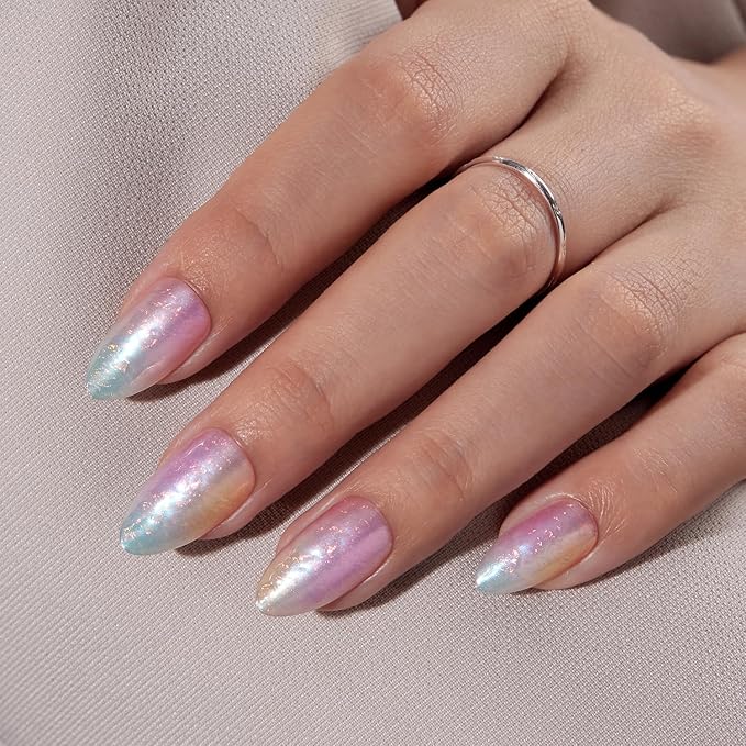 VSALON Press on Nails Medium Almond - Colorful Sfumato Golden Foil Nails Kit for Women, Reusable Opaque Soft Gel Fake Nails with Glue & Cuticle Oil - 32 PCS Glue On Nails in 16 Sizes (Mermaid)